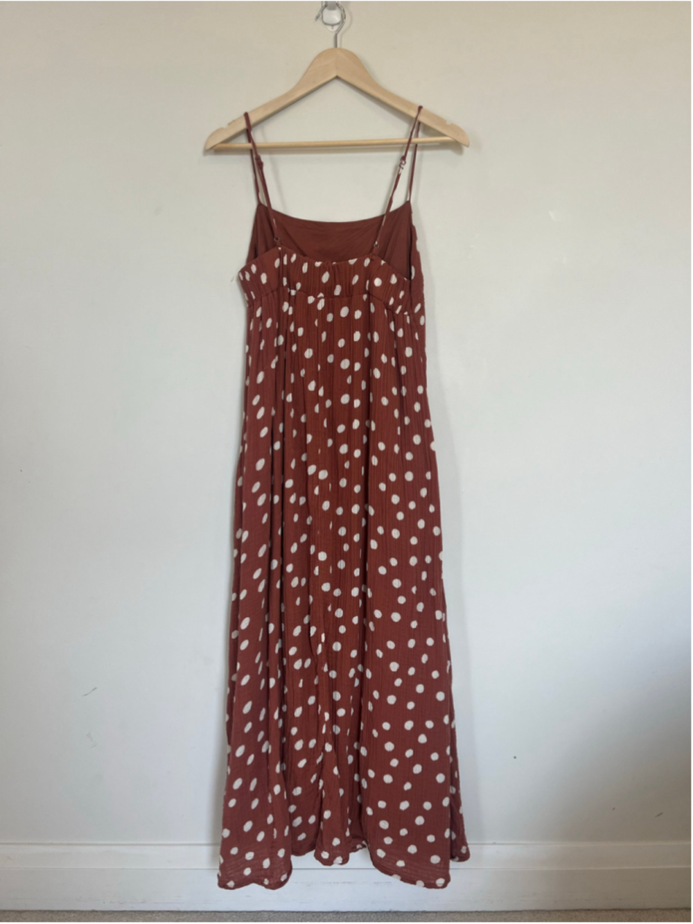 Polka Dot Maxi Dress Rust Brown White Empire Waist Gauzy Cotton Sleeveless - Picture 3 of 9